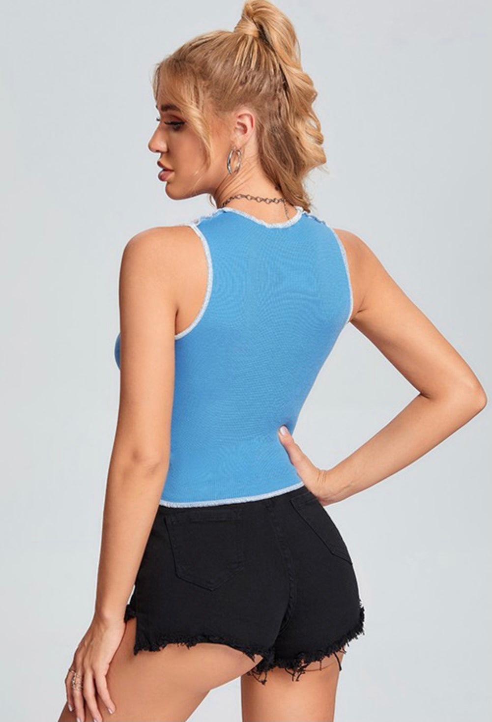 Blue Drawstring Abstract Top with Lace Up Detail